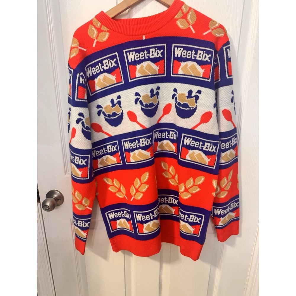 Weetbix Promo Ad Acrylic Sweater Red Blue Christmas Jumper Adult L Flaws